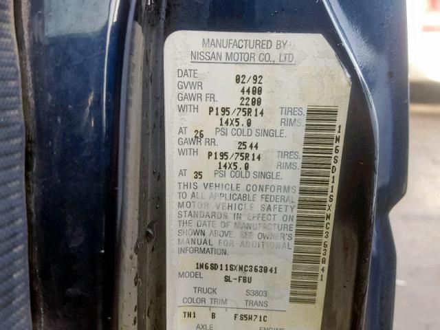 1N6SD11SXNC363041 - 1992 NISSAN TRUCK SHOR BLUE photo 10