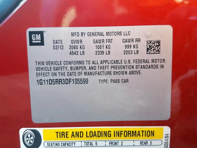 1G11D5RR3DF105599 - 2013 CHEVROLET MALIBU 1LT RED photo 10