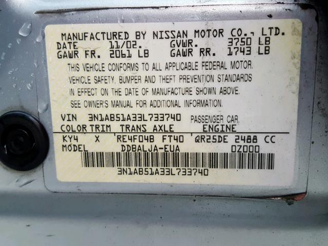 3N1AB51A33L733740 - 2003 NISSAN SENTRA SE- SILVER photo 10