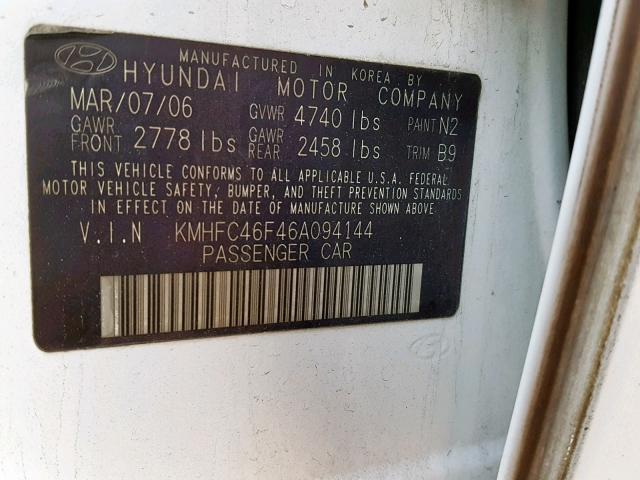 KMHFC46F46A094144 - 2006 HYUNDAI AZERA SE WHITE photo 10