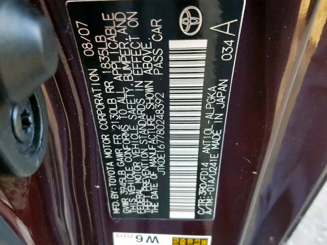 JTKDE167780248392 - 2008 TOYOTA SCION TC 紫色 照片 10