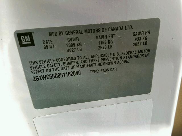 2G2WC58C881162640 - 2008 PONTIAC GRAND PRIX WHITE photo 10