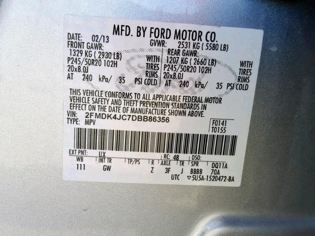 2FMDK4JC7DBB86356 - 2013 FORD EDGE SEL SILVER photo 10