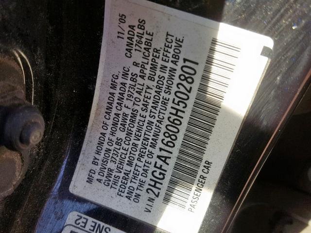 2HGFA16806H502801 - 2006 HONDA CIVIC EX BLACK photo 10