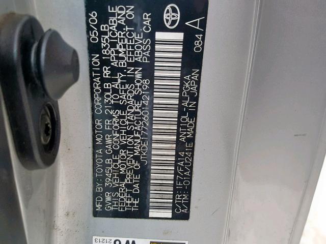 JTKDE177260142198 - 2006 TOYOTA SCION TC ვერცხლისფერი ფოტო 10