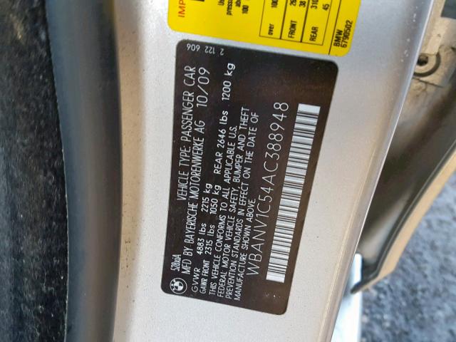 WBANV1C54AC388948 - 2010 BMW 528 XI SILVER photo 10