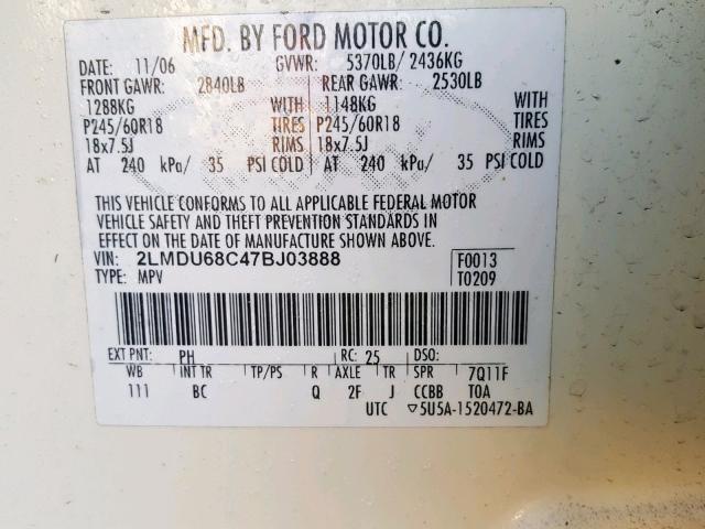 2LMDU68C47BJ03888 - 2007 LINCOLN MKX WHITE photo 10