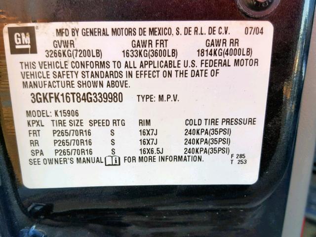 3GKFK16T84G339980 - 2004 GMC YUKON XL K CHARCOAL photo 10