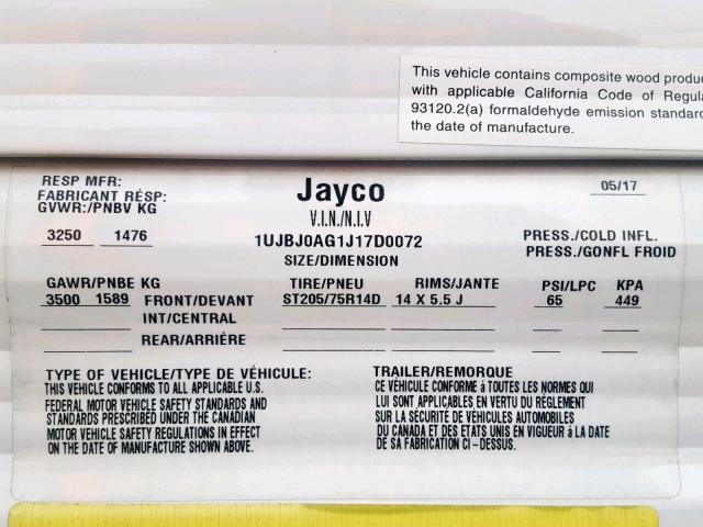 1UJBJ0AG1J17D0072 - 2018 JAYCO JAY FLIGHT  WHITE photo 10