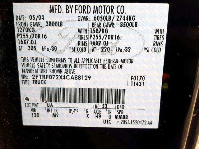 2FTRF072X4CA88129 - 2004 FORD F-150 HERI BLACK photo 10