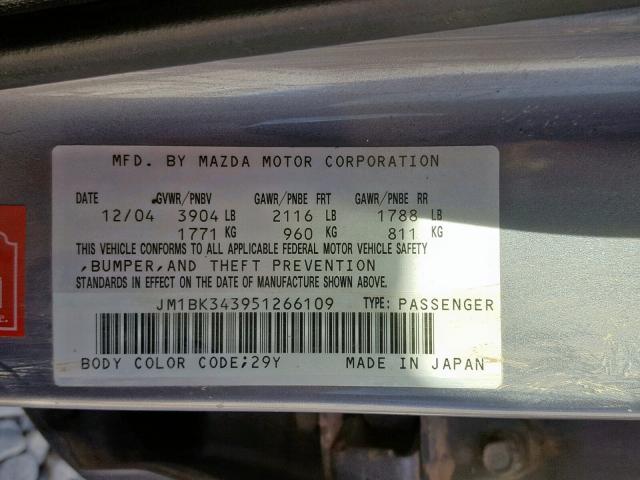 JM1BK343951266109 - 2005 MAZDA 3 HATCHBAC GRAY photo 10