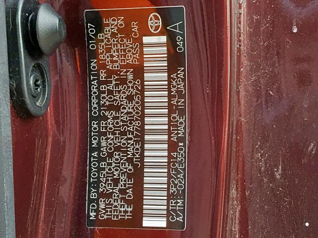 JTKDE177870205726 - 2007 TOYOTA SCION TC ბურგუნდია ფოტო 10