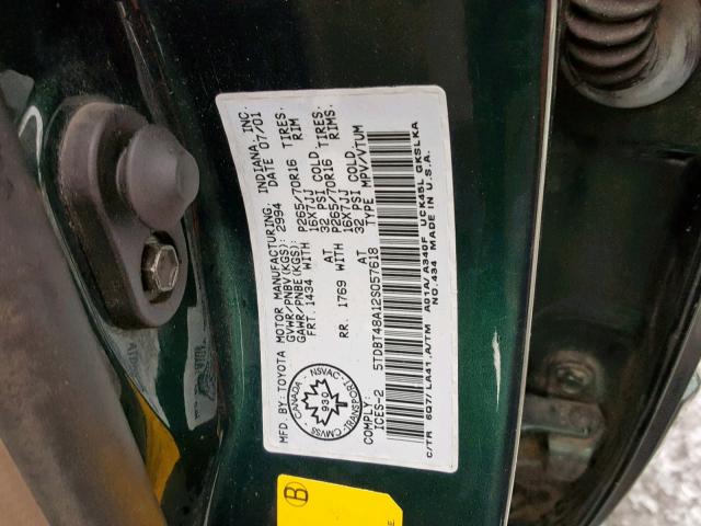 5TDBT48A12S057618 - 2002 TOYOTA SEQUOIA LI GREEN photo 10