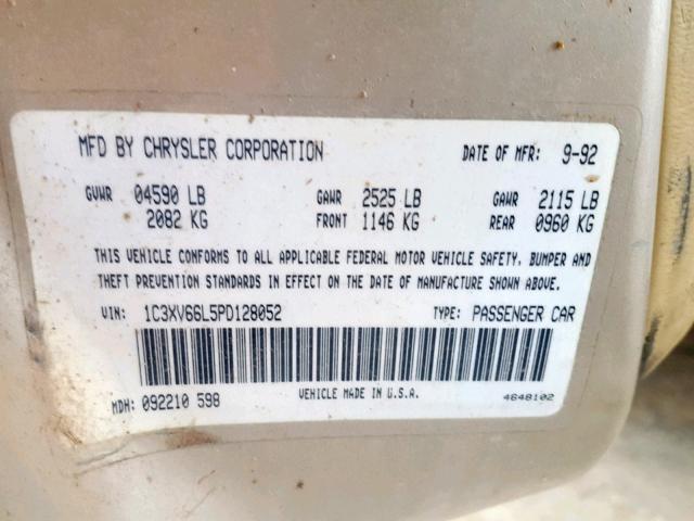 1C3XV66L5PD128052 - 1993 CHRYSLER NEW YORKER GOLD photo 10