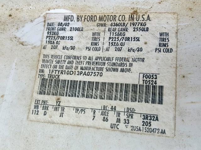 1FTYR10D13PA07570 - 2003 FORD RANGER WHITE photo 10