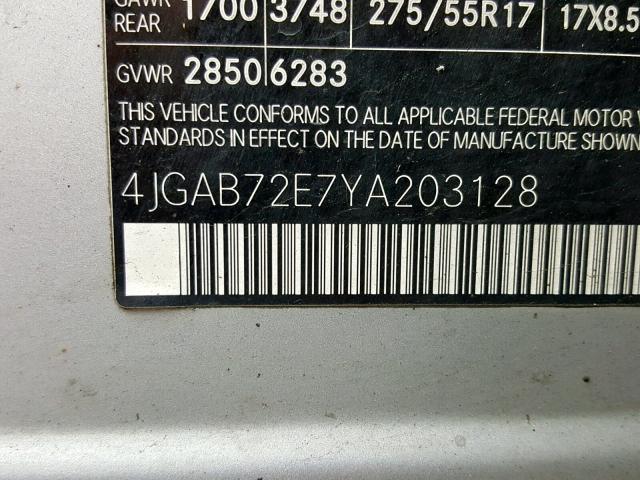 4JGAB72E7YA203128 - 2000 MERCEDES-BENZ ML 430 SILVER photo 10