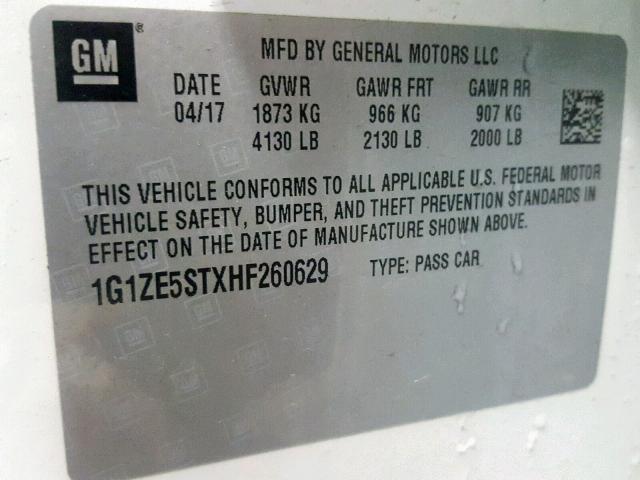 1G1ZE5STXHF260629 - 2017 CHEVROLET MALIBU LT WHITE photo 10