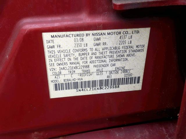 1N4CL21EX8C229988 - 2008 NISSAN ALTIMA HYB RED photo 10