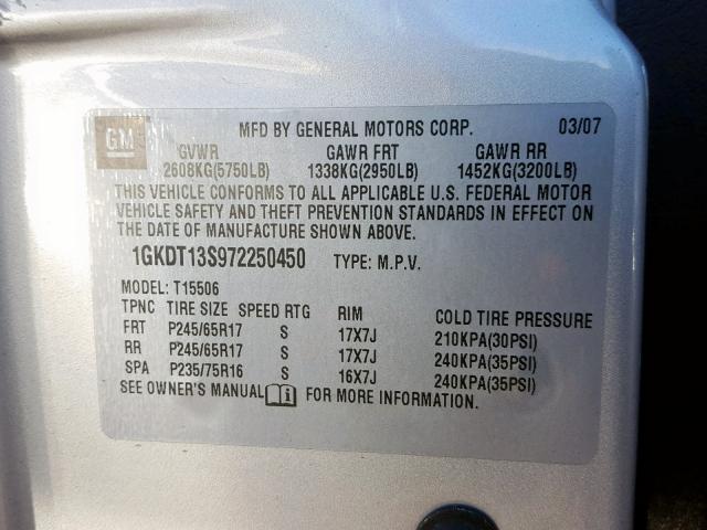 1GKDT13S972250450 - 2007 GMC ENVOY SILVER photo 10