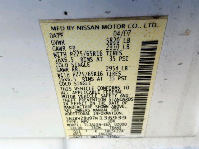 5N1BV28U97N136939 - 2007 NISSAN QUEST S WHITE photo 10