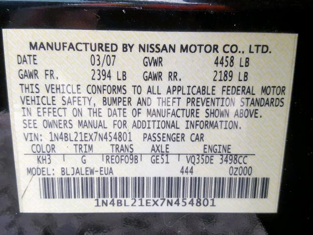 1N4BL21EX7N454801 - 2007 NISSAN ALTIMA 3.5 BLACK photo 10