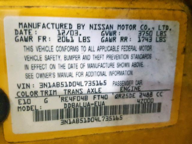 3N1AB51D04L735165 - 2004 NISSAN SENTRA SE- YELLOW photo 10