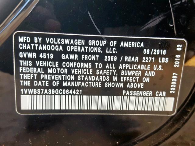 1VWBS7A39GC064421 - 2016 VOLKSWAGEN PASSAT SE BLACK photo 10