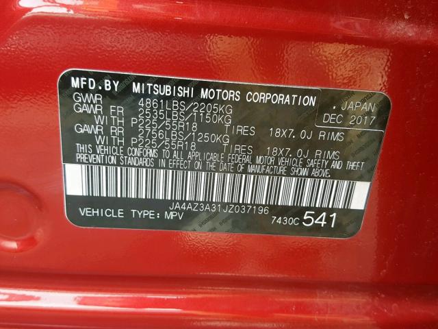 JA4AZ3A31JZ037196 - 2018 MITSUBISHI OUTLANDER RED photo 10