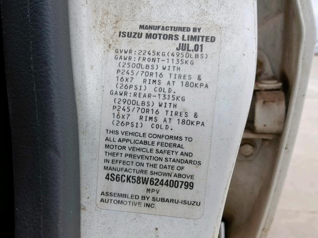 4S6CK58W624400799 - 2002 HONDA PASSPORT E თეთრი ფოტო 10