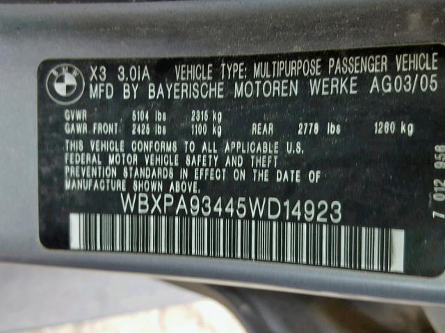 WBXPA93445WD14923 - 2005 BMW X3 3.0I SILVER photo 10