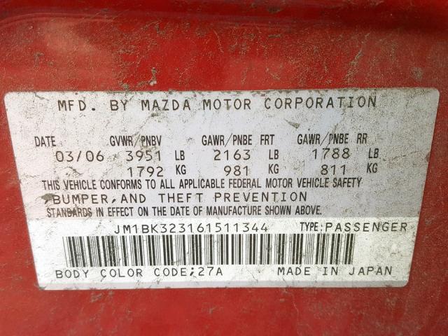 JM1BK323161511344 - 2006 MAZDA 3 S RED photo 10