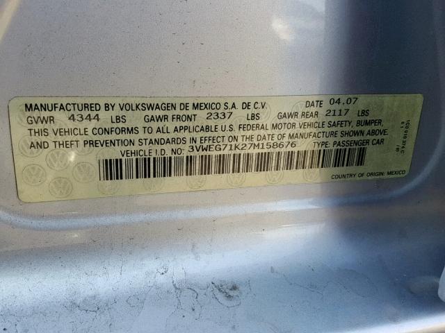 3VWEG71K27M158676 - 2007 VOLKSWAGEN JETTA WOLF SILVER photo 10