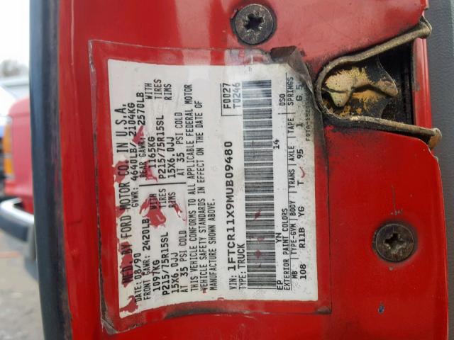 1FTCR11X9MUB09480 - 1991 FORD RANGER RED photo 10