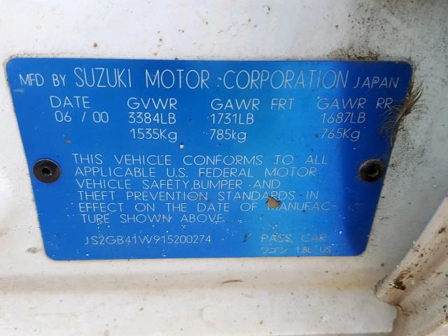 JS2GB41W915200274 - 2001 SUZUKI ESTEEM GL WHITE photo 10