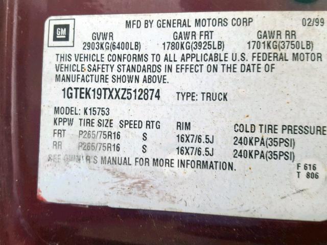 1GTEK19TXXZ512874 - 1999 GMC NEW SIERRA MAROON photo 10