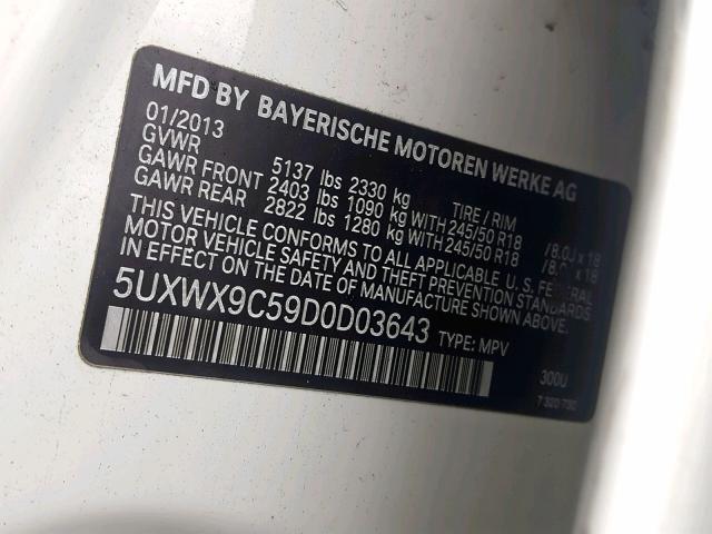 5UXWX9C59D0D03643 - 2013 BMW X3 XDRIVE2 WHITE photo 10
