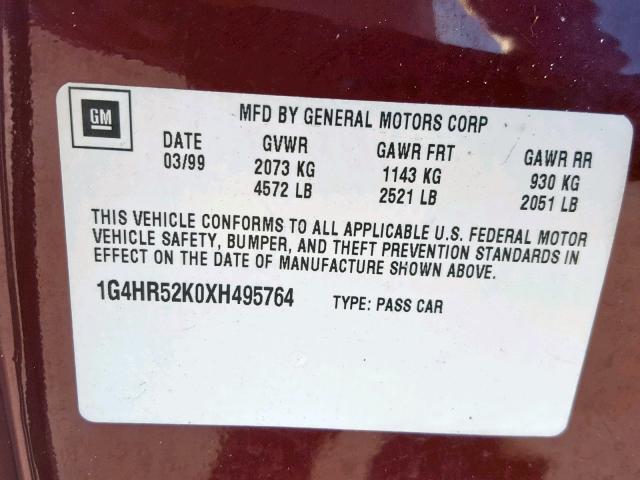 1G4HR52K0XH495764 - 1999 BUICK LESABRE LI BURGUNDY photo 10