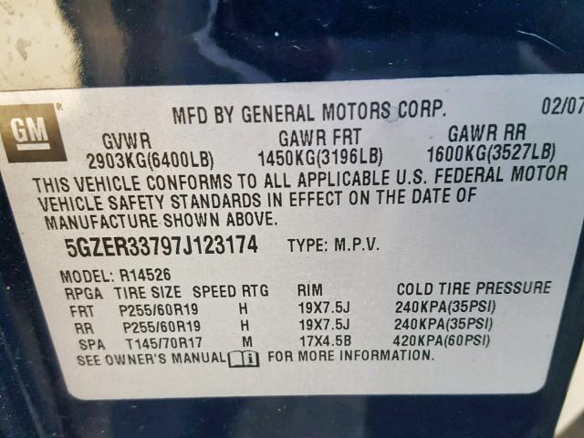 5GZER33797J123174 - 2007 SATURN OUTLOOK SP ლურჯი ფოტო 10