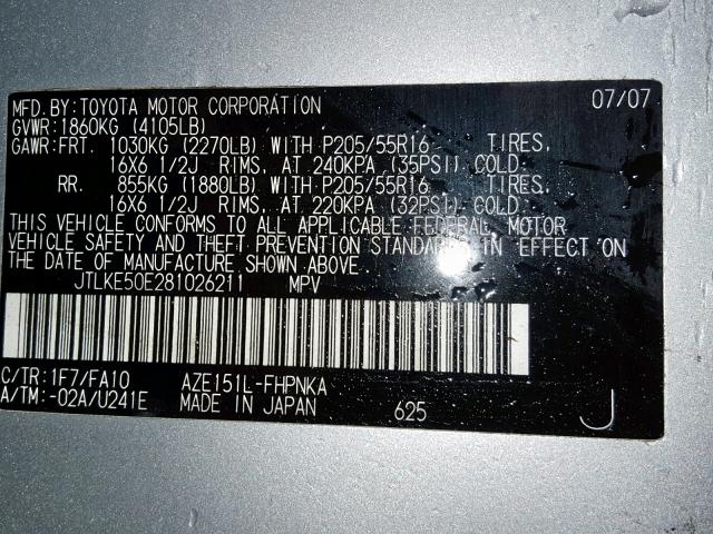 JTLKE50E281026211 - 2008 TOYOTA SCION XB ვერცხლისფერი ფოტო 10