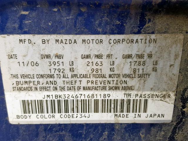 JM1BK324671681189 - 2007 MAZDA 3 S BLUE photo 10