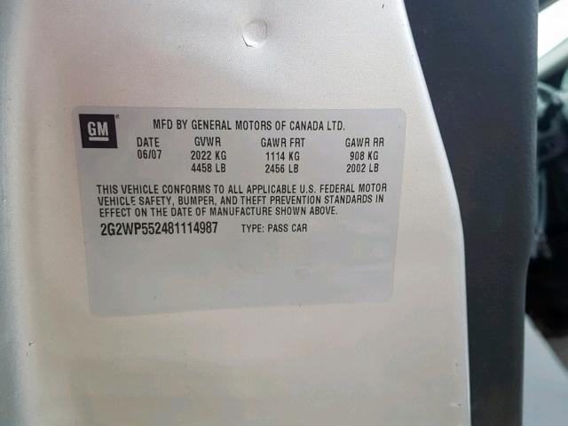 2G2WP552481114987 - 2008 PONTIAC GRAND PRIX SILVER photo 10