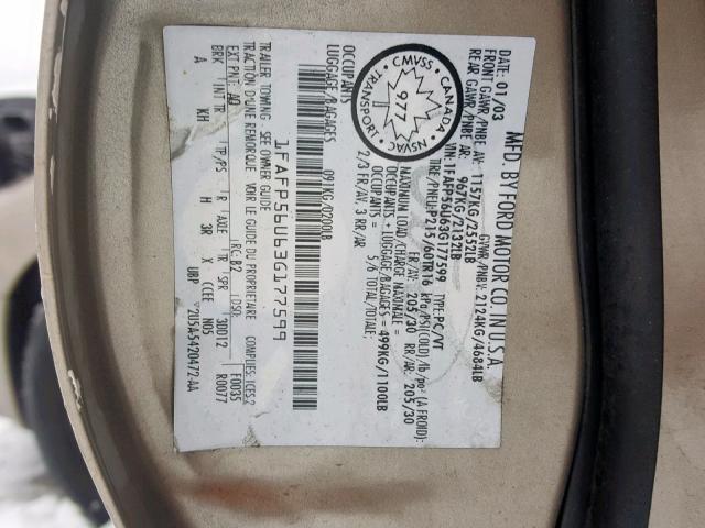 1FAFP56U63G177599 - 2003 FORD TAURUS SEL BEIGE photo 10