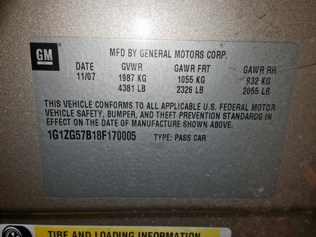 1G1ZG57B18F170005 - 2008 CHEVROLET MALIBU LS GOLD photo 10