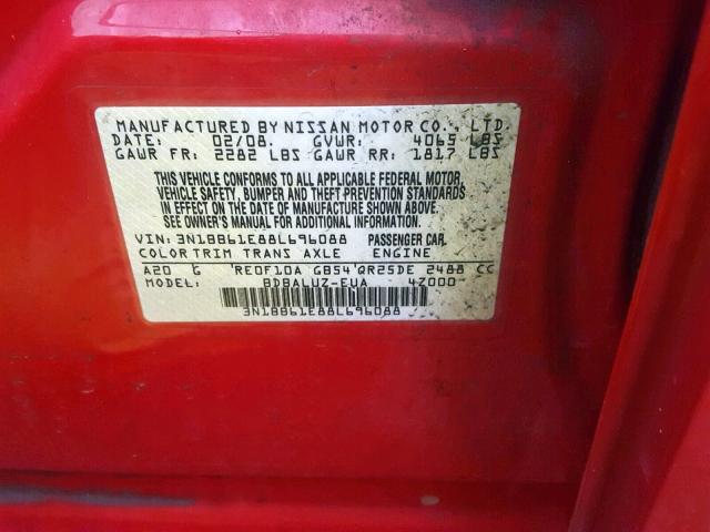 3N1BB61E88L696088 - 2008 NISSAN SENTRA SE- RED photo 10