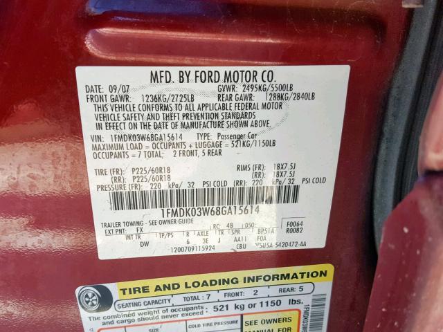 1FMDK03W68GA15614 - 2008 FORD TAURUS X L MAROON photo 10