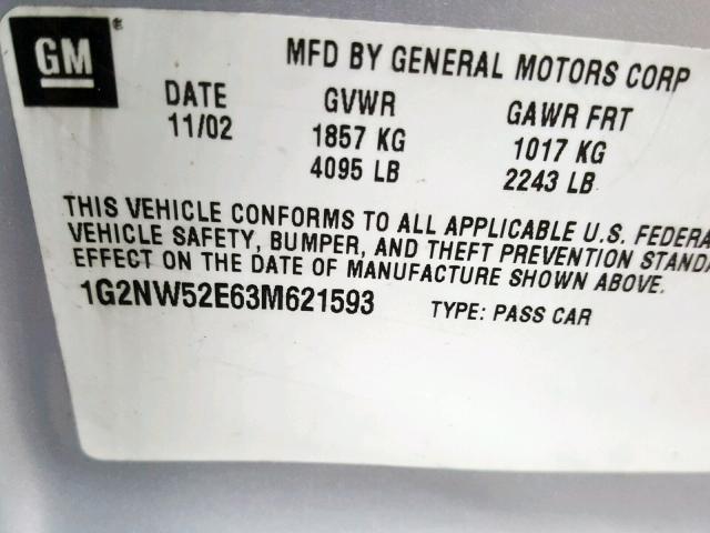 1G2NW52E63M621593 - 2003 PONTIAC GRAND AM G SILVER photo 10