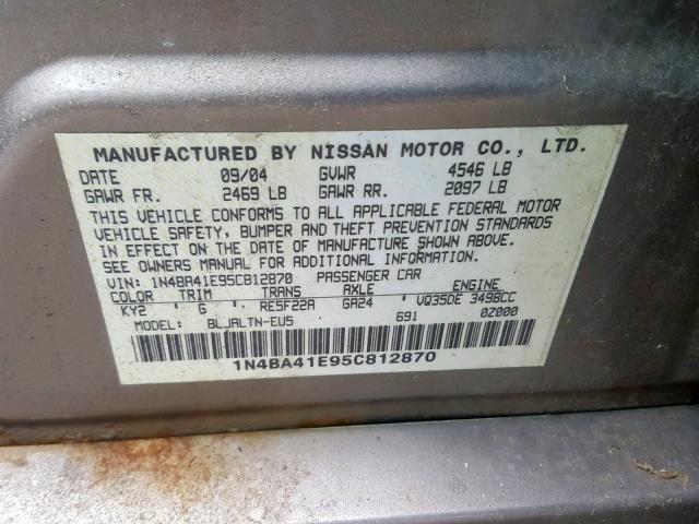 1N4BA41E95C812870 - 2005 NISSAN MAXIMA SE BEIGE photo 10