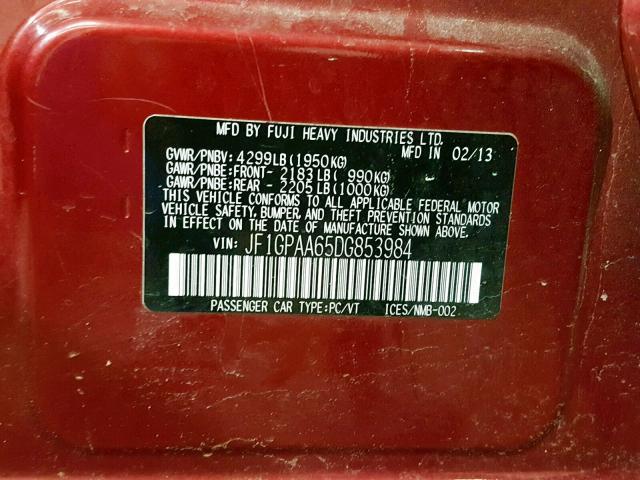 JF1GPAA65DG853984 - 2013 SUBARU IMPREZA BA RED photo 10