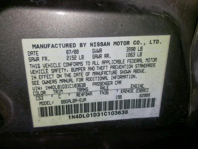 1N4DL01D31C103638 - 2001 NISSAN ALTIMA XE GOLD photo 10