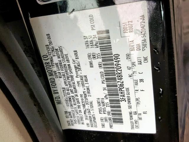 3FAHP06Z48R209490 - 2008 FORD FUSION S BLACK photo 10